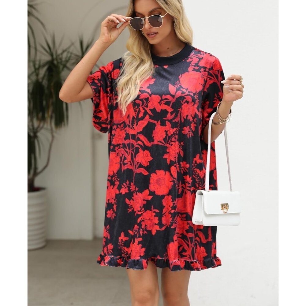 Women's Red Vintage Velvet Dress Mini Floral Printed Short Sleeve - Picture 6 of 7